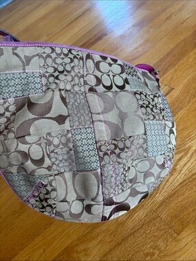 Coach Patchwork Signature Saddle Bag in Beige with Pink Trim